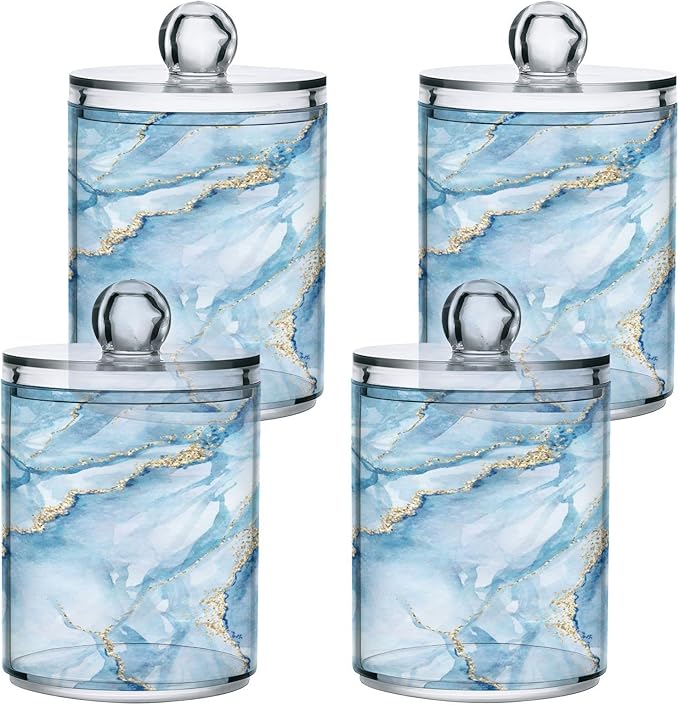 MNSRUU 4 Pack Qtip Holder Organizer Dispenser Sky Blue Marble Bathroom Containers Bathroom Vanity Storage Canister Apothecary Jars for Cotton Swabs/Pads/Floss