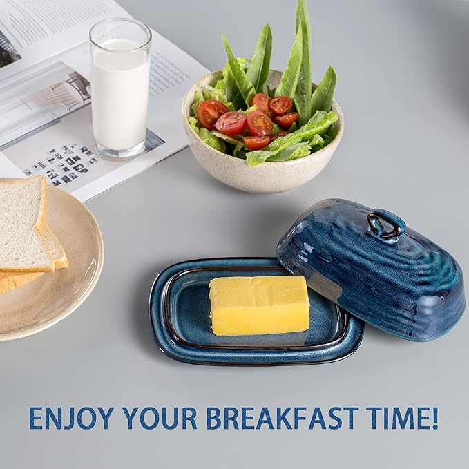 Hasense Butter Dish with Lid, Ceramic Butter Dish with Knife for Countertop with Covered, Large Butter Keeper Handle Design, Blue