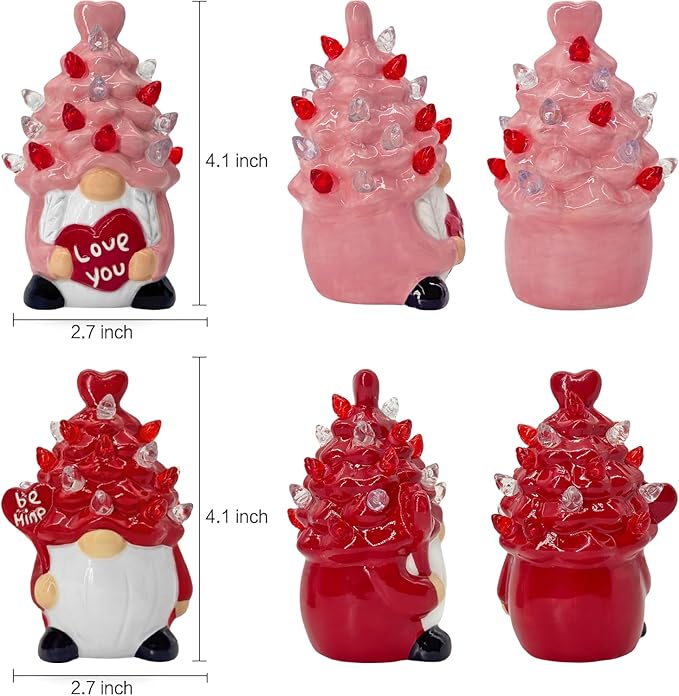 Valentines Day Decorations Pink&Red Lighted Up Ceramic Gnome Tree, Gnomes Figurines for Table Centerpieces Home Decor Indoor Outdoor Party, Valentines Day Gifs Home Decor for Couples Anniversary
