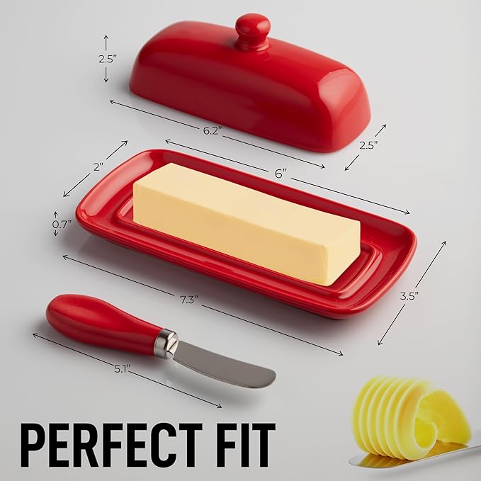Zulay Kitchen Butter Dish With Lid For Countertop - Porcelain Red, Ceramic Butter Dish with Knob Handle Great for Cooking - Elegant Design Butter Holder - Durable & Sturdy Butter Keeper - Red