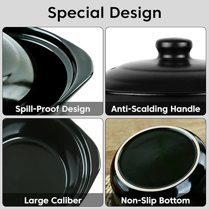 1.9 Quart Black Ceramic Clay Pot for Cooking with Lid - Korean Stone Pot, Healthy No-Coating Earthenware Casserole, Soup Rice Hot Pot Cookware