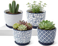 Ceramic Plant Pots - 5.6 Inch Flower Planters with Drainage Holes and Saucers for Indoor Plants Herbs, Succulent, Orchid, Cactus, Outdoor Plants, Home Decor, Set of 4, Vintage Blue