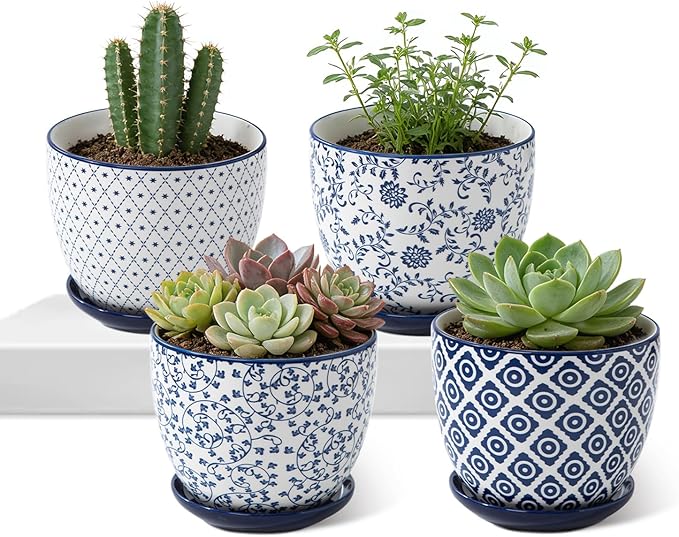 Ceramic Plant Pots - 5.6 Inch Flower Planters with Drainage Holes and Saucers for Indoor Plants Herbs, Succulent, Orchid, Cactus, Outdoor Plants, Home Decor, Set of 4, Vintage Blue