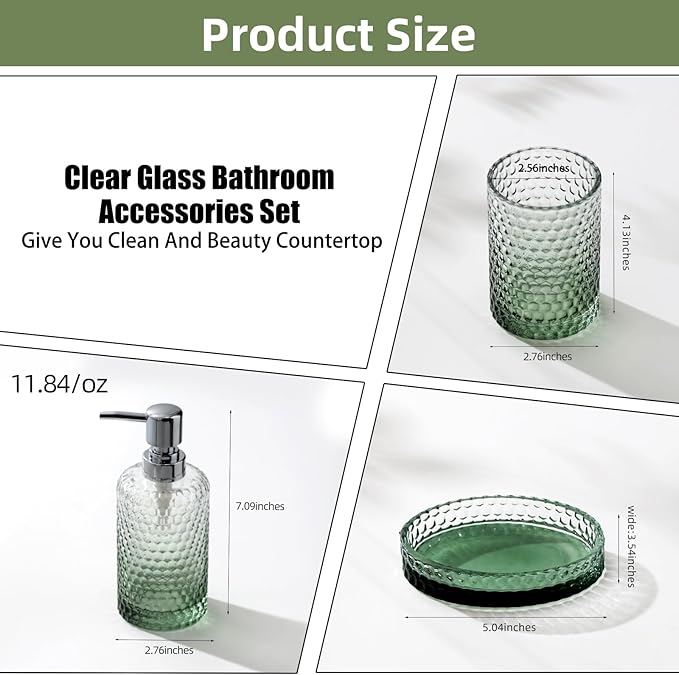 Bathroom Accessories Set, 4Pcs Clear Glass Bathroom Set, Hand Soap Dispenser, Toothbrush Holders, Tumbler, Bar Soap Dish for Modern Bath Decor Organizers and Storage Countertop Sink (Green)