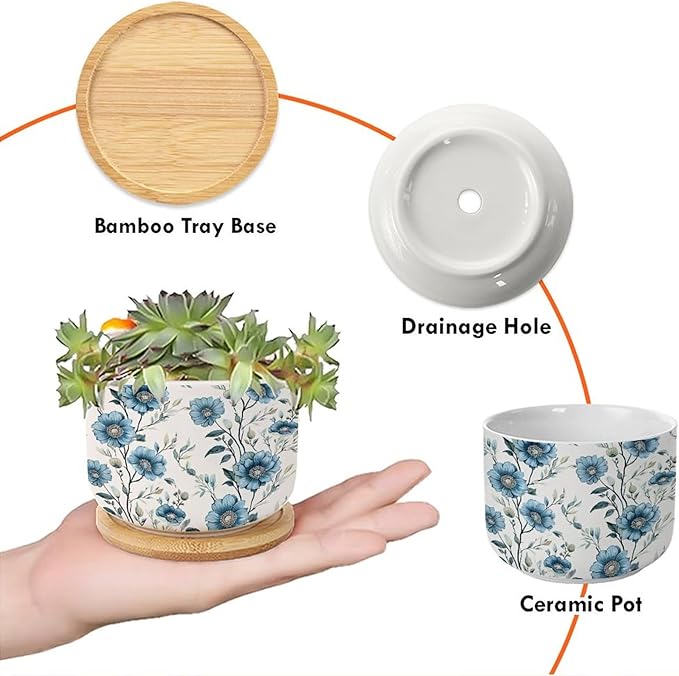 Set of 3 Chinoiserie Blue Floral Small Pot for Flowers Mughal Flower Ceramics Planter with Drainage Bamboo Trays Chinoiserie Chic Pots for Succulents Indoor Birthday Gift for Mom Women