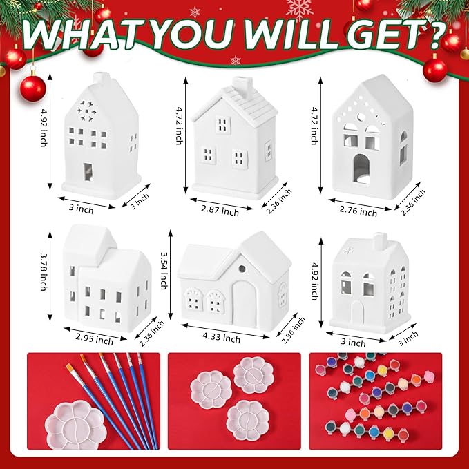 Beeveer Set of 6 Ceramic Christmas Village House Paint Craft Kit Blank Ceramic Plaster Keepsake Pigment Palette Brushes Included for Xmas Holiday Party Art DIY Project Tabletop Decoration