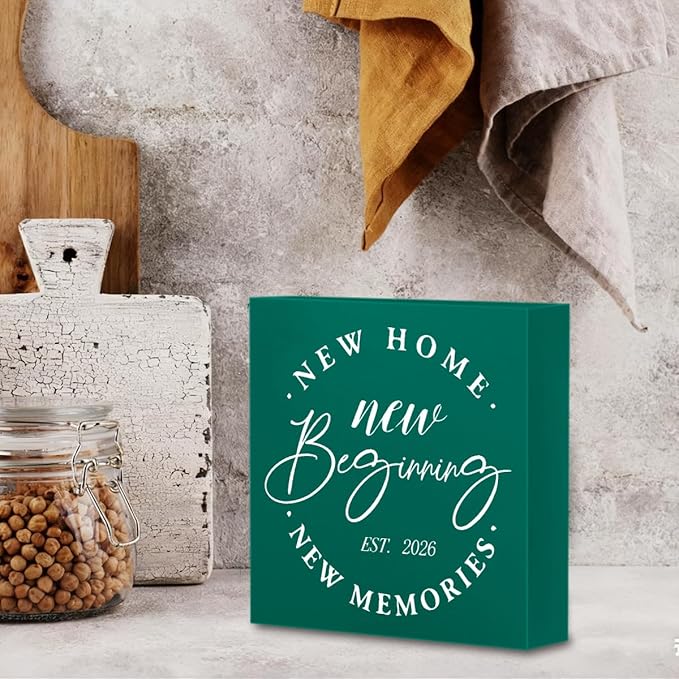 MUBIAO Rustic 2026 New Home Housewarming Gifts Ideasfor Women Men Friend Home Desk Shelf Decor - 5.1 x 5.1 Inches New Memories Decor Accessories -Green