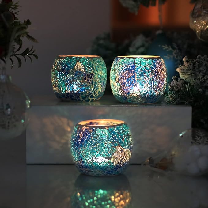 Romantic Mosaic Cracked Candle Holders(NO Candles) Wedding Dinner by Candlelight,Handmade Tea Light Holders Candlescape Bowl for Valentine's,Christmas Table Centerpiece,Party Decor 1 PC(Blue)
