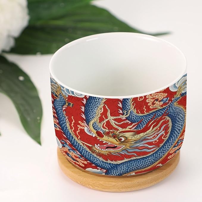Red and Auqa Dragon Small Planters Ceramics Set of 1 Chinoiserie Dragon Ceramics Planters with Drainage Bamboo Trays Asian Scenery Chic Chinoiserie Houseplant Pot