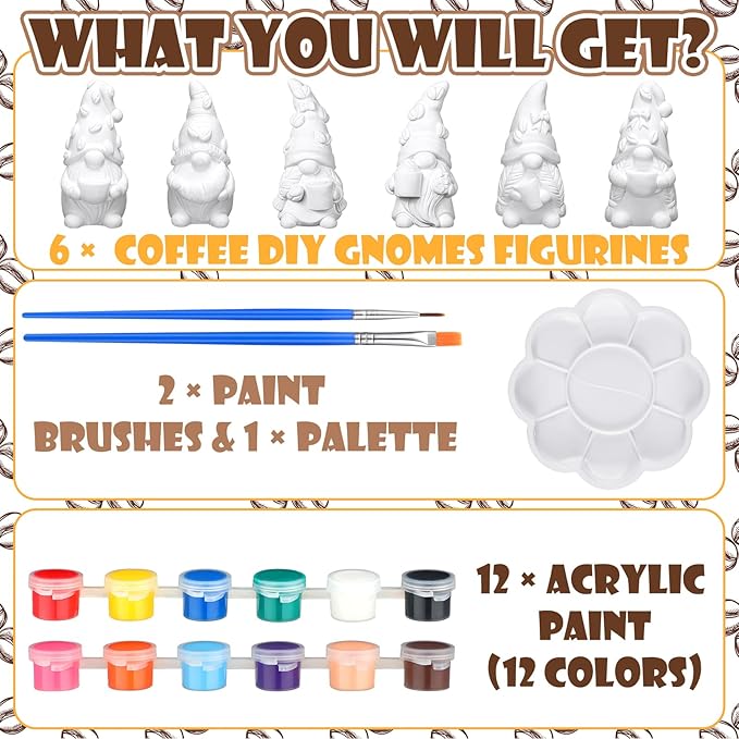 Eersida 6 Sets Gnome Ceramics to Paint Pumpkin Ready to Paint Your Own Ceramic Gnome Statues DIY Unpainted Ceramics Paintable Figurines Kit Crafts with Brush Palette(Coffee)