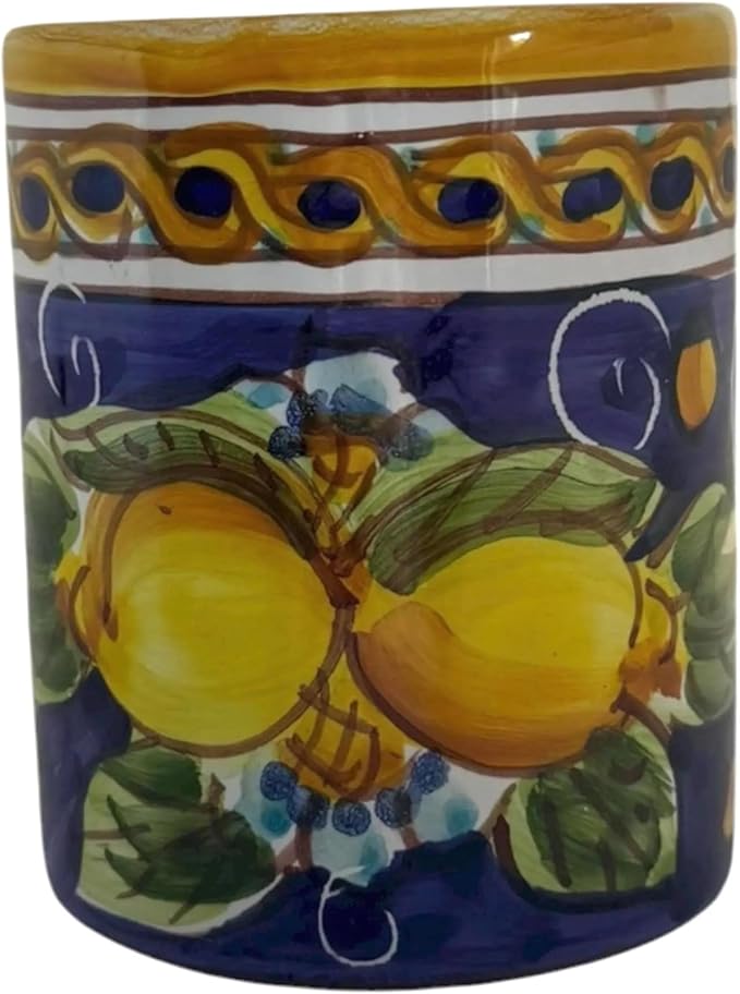 Hand Painted Ceramic Lemon Mug, 8 oz | Italian Style Coffee Cup with Blue Background | Dishwasher Safe, Artisan Ceramic