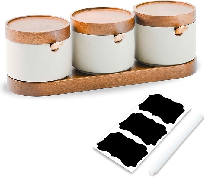 3-Pack Ceramic Spice Jars with Spoons & Acacia Wood Lid - Sugar Container, Salt and Seasoning Containers on Wooden Tray for Kitchen, Dining Table, Coffee Bar