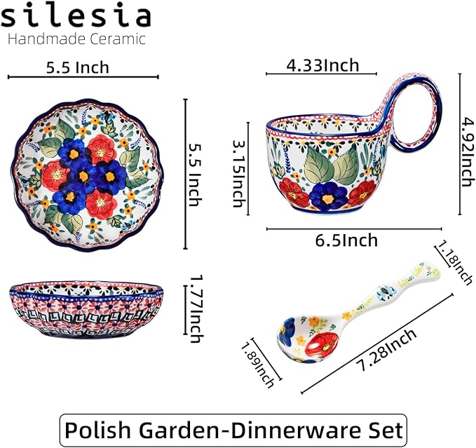 silesia Handmade Loop Handle Soup Bowl, Plate and Spoon Set Ceramic Hand Painted Cereal Bowl Great for Soup, Ice cream, Snack, Stew in Gift Box, Dishwasher & Microwave Safe, Polish Garden