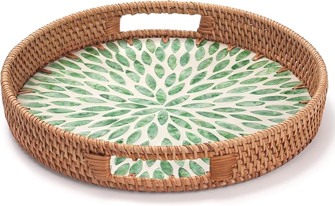 YANGQIHOME Round Rattan Tray with Handle, Mother of Pearl Inlay Decorative Wicker Basket for Coffee, Bread, Fruits, Serving Tray for Home Decor, 11.8 inch