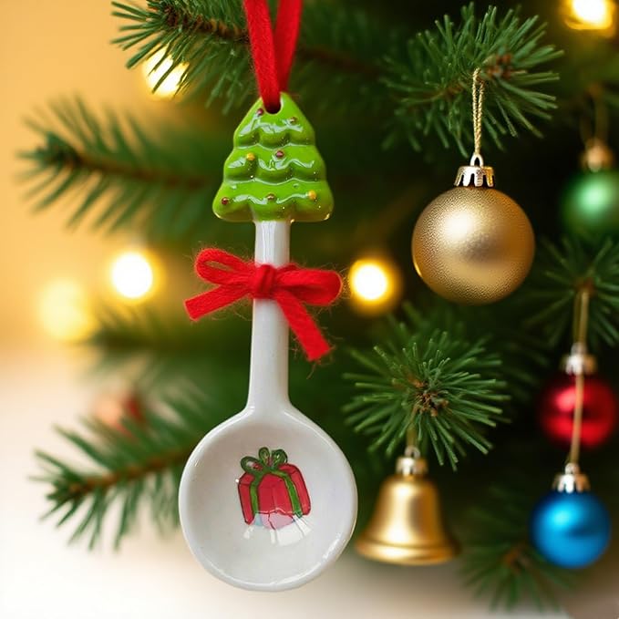 2Pcs Christmas Spoons Ceramic Spoons with Creative Xmas Tree Theme for Dessert Cake Coffee Tea Drinking Stirring Mixing Spoons Xmas Holiday Tableware Party Supplies