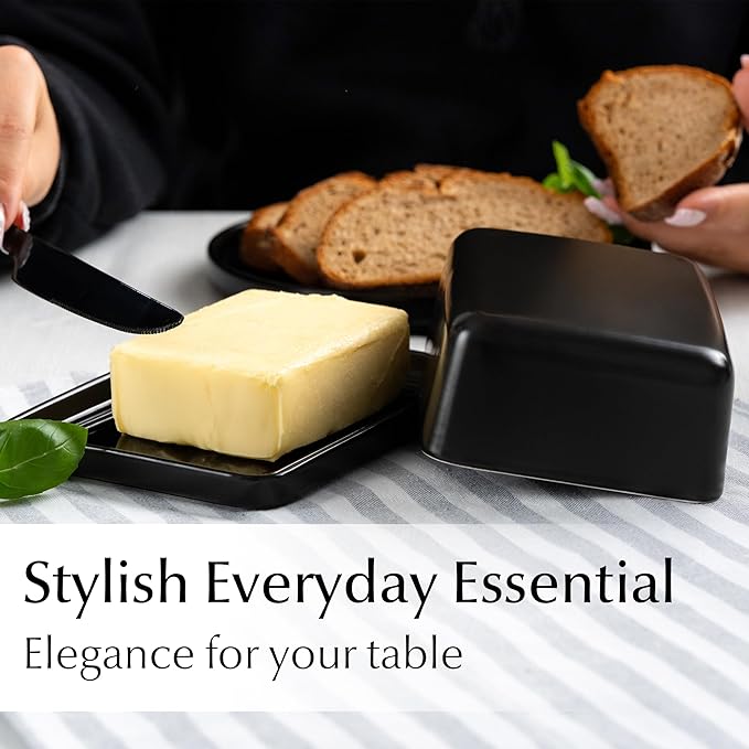 MIAMIO - Ceramic Butter Dish with Lid for Countertop, Holds 2 Sticks of Butter/Butter Holder and Container with Ceramic Lid, Butter Dish for Refrigerator (Black)
