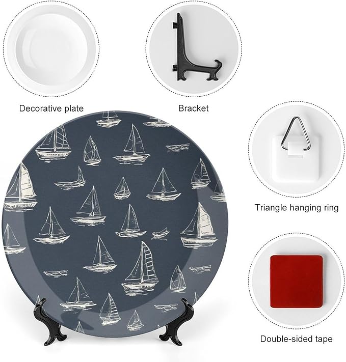 Personalized Gifts Plates Ceramic, Sail Boats Nautical Navy Blue Ceramic Hanging Decorative Plate Wall Including Bracket And Special Hook, Vintage Decor for Table Display Kitchen, 6", 7", 8", 10"
