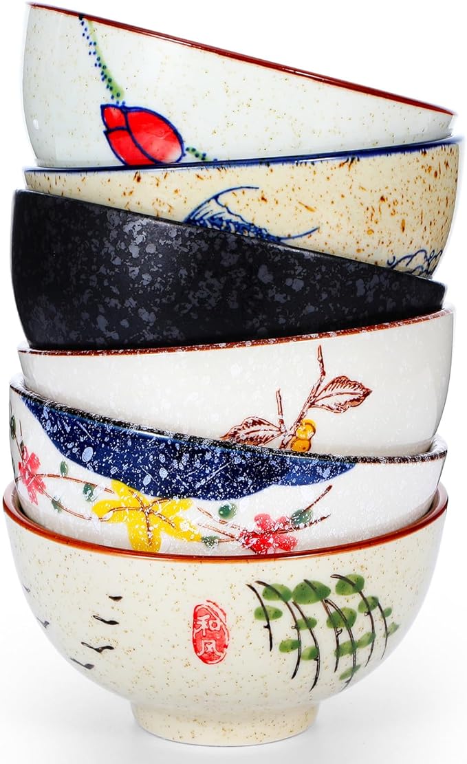 Retro Ceramic Bowls Set for 6, 4.5 Inch Japanese Chinese Bowl Small Hand-Painted Floral Plum Ceramic Bowls for Soup Rice Cereal Dessert Snack Fruit Salad Noodles, Dishwasher Microwave Safe
