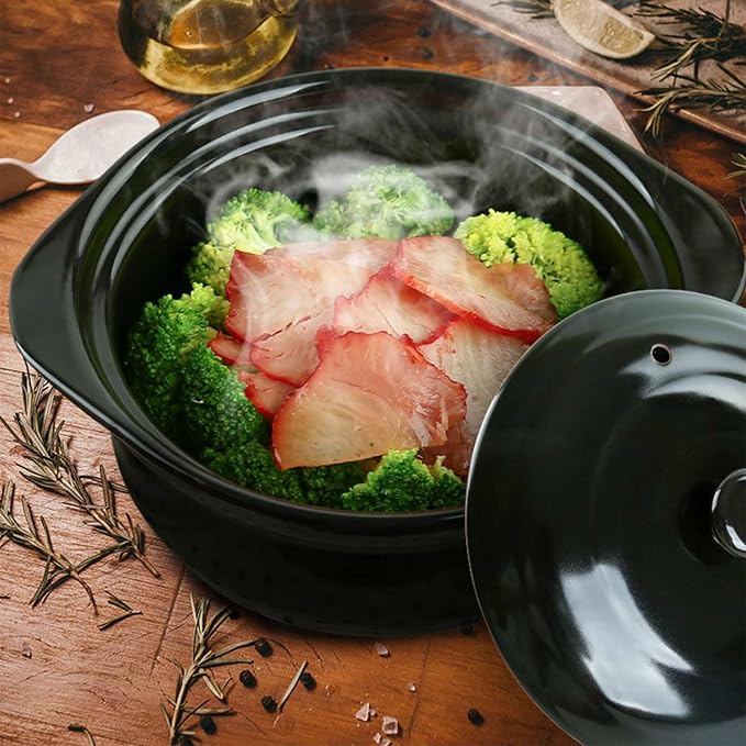 1.9 Quart Black Ceramic Clay Pot for Cooking with Lid - Korean Stone Pot, Healthy No-Coating Earthenware Casserole, Soup Rice Hot Pot Cookware