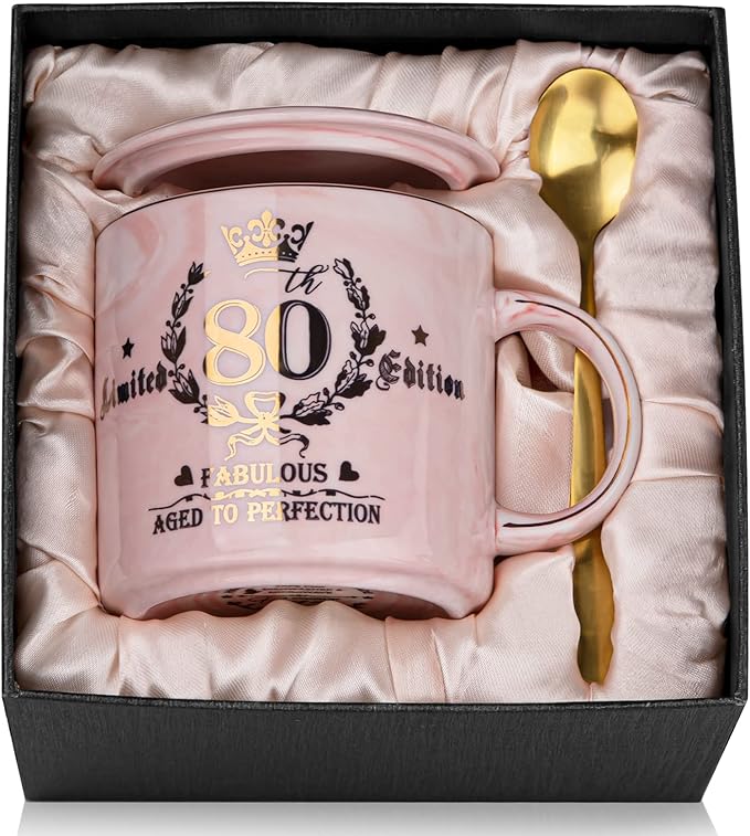 Biching 80th Birthday Gifts for Women, 14oz Pink Coffee Mug with Gold Pattern, Best Gifts for 80 Year Old Grandma, Mom, Sister, Friend, Fabulous 80 Limited Edition, 1946 Birthday Gifts for Women