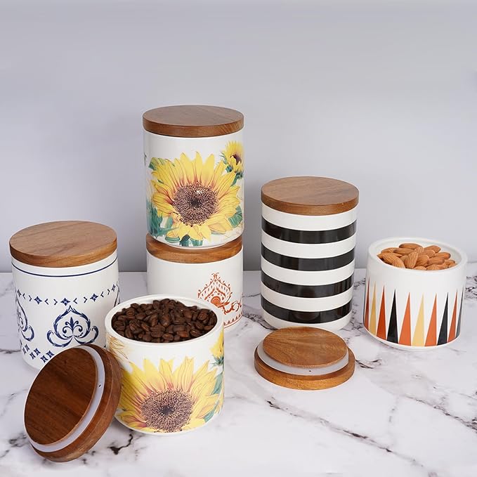 Sunddo Ceramic Canister Sets for Kitchen Counter with Airtight Wood Lids, Food Storage Jars for Coffee, Sugar, Tea Set of 3