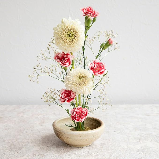 Wazakura Minoyaki Series Small Round Glazed Ikebana Flower Vase Made in Japan, Handpainted Floral Arrangement Pottery Supplies - Sand Beige