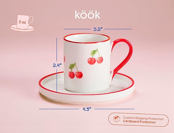 KooK Espresso Cups and Saucers, Hand Painted, Porcelain Demitasse Set with Colorful Fruit Patterns, Dishwasher & Microwave Safe, Holiday Gift, 3 oz, Set of 4
