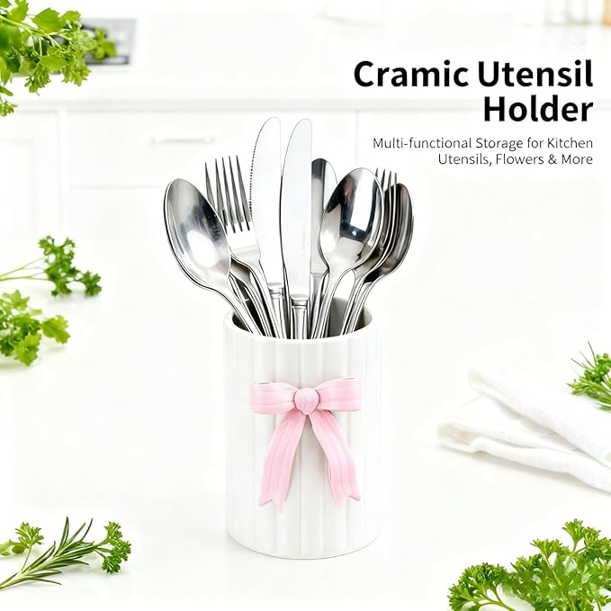 Handmade Pink Bow Ceramic Utensil Holder, 3D Coquette Cooking Utensil Crock for Kitchen Counter, Preppy Storage Caddy Organizer Vase Decor for Kitchen Countertop