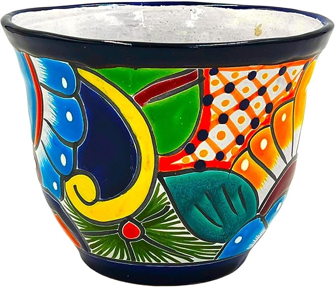 Cactus Canyon Ceramics Talavera Planter Pot, Hand-Painted Mexican Ceramic Pot with Drainage Hole, Indoor Outdoor Rustic Botanical Terracotta, 7.5 Inch, Dark Blue Multicolor