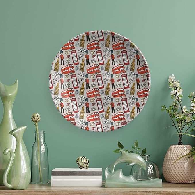 XISUNYA 7 Inch Decorative Plate, London Ceramic Stoneware, Doodle English Icons Crown London Print Ceramic Wall Hanging for Fine Dining Upscale Events, Dinner Parties, Weddings, Catering, Multicolor