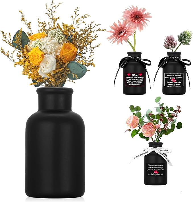 Handmade Ceramic Vase for Dried Flowers - Modern Farmhouse Home Decor, Ribbed Textured Vase for Shelf, Table, Mantel & Entryway Décor Black for Living Room & Bookshelf Display