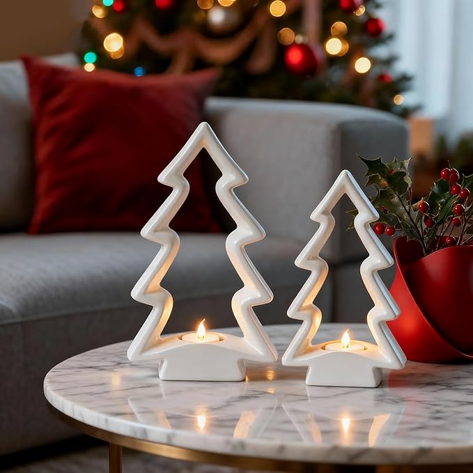 2 Pack White Ceramic Christmas Trees with LED Tea Lights & Remote, Farmhouse Christmas Decorations Indoor for Tabletop Mantel Shelves Holiday Decor (Large 9.5" H, Small 7.5" H)