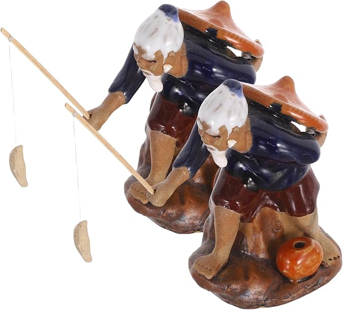 LUOZZY 2 Pcs Mini Fisherman Figurines Ceramic Fishing Statue Micro Landscape Ornament Asian Pottery Sculpture for Bonsai Zen Garden Decor