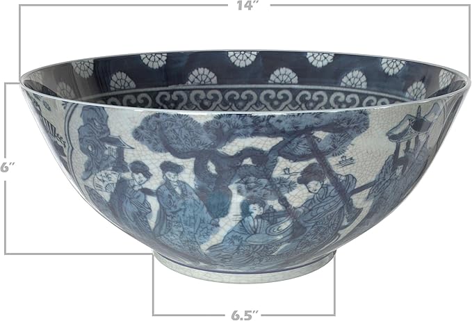 Red Lantern 14" Ladies Blue & White Porcelain Bowl Vase for Centerpiece in Kitchen Dining Living Room Bedroom with Boho Eclectic Modern Contemporary Classic Traditional Style Decor