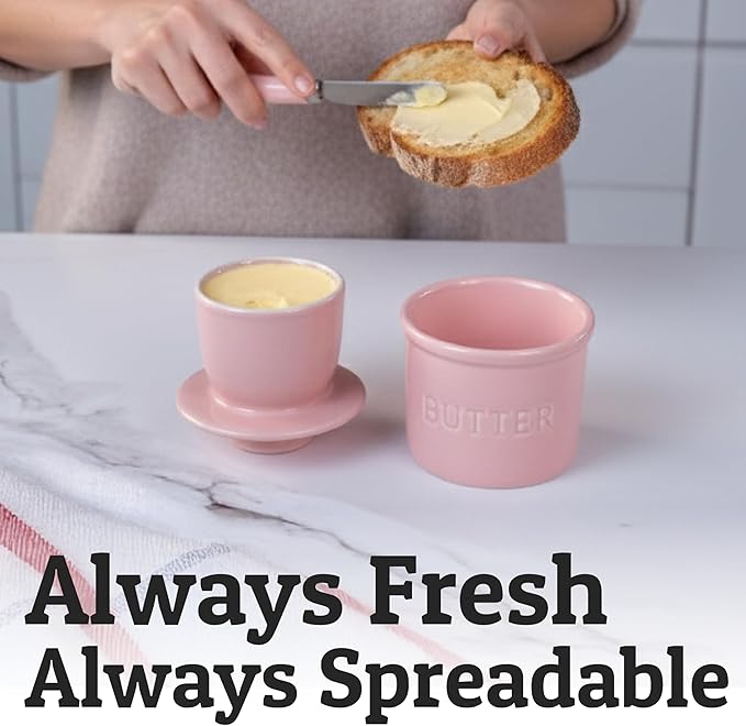 PriorityChef Butter Crock with Lid with Water Line, Ceramic French Butter Dish to Leave On Counter, Pink