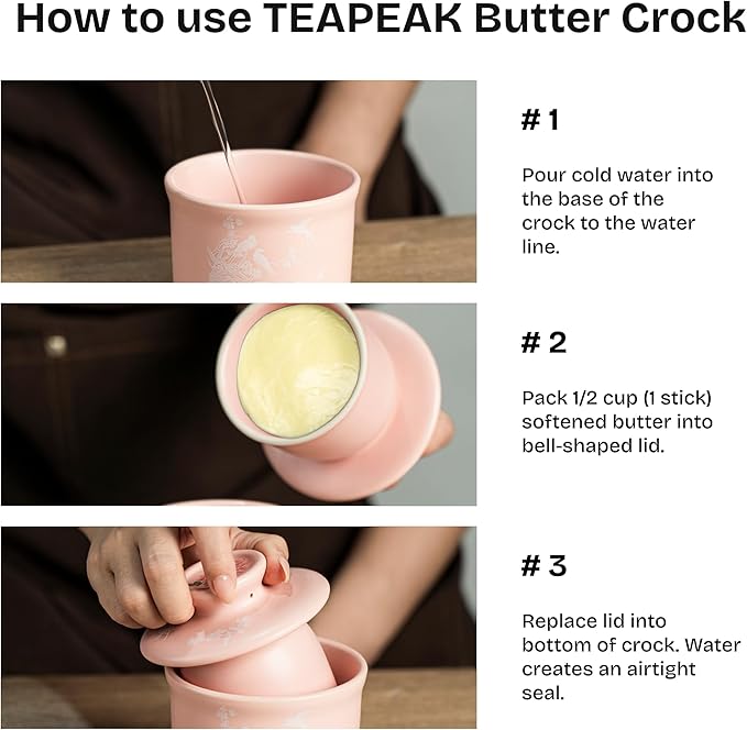 Stoneware Butter Crock with Lid, Ceramic Butter Dish with Water Line, Countertop Butter Keeper, Butter Holder for Countertop, Pink