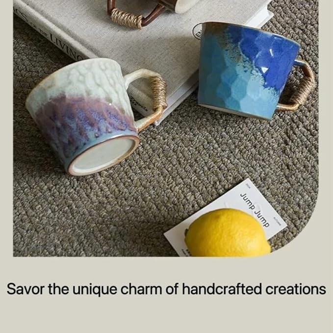 Unique Retro Vintage Japanese Style Primitive Handmade Ceramic Coffee Mug set of 2, Lead-Free Glaze Couple Mugs, Comfortable handle Pottery matching cups for anniversaries and Valentine's Day