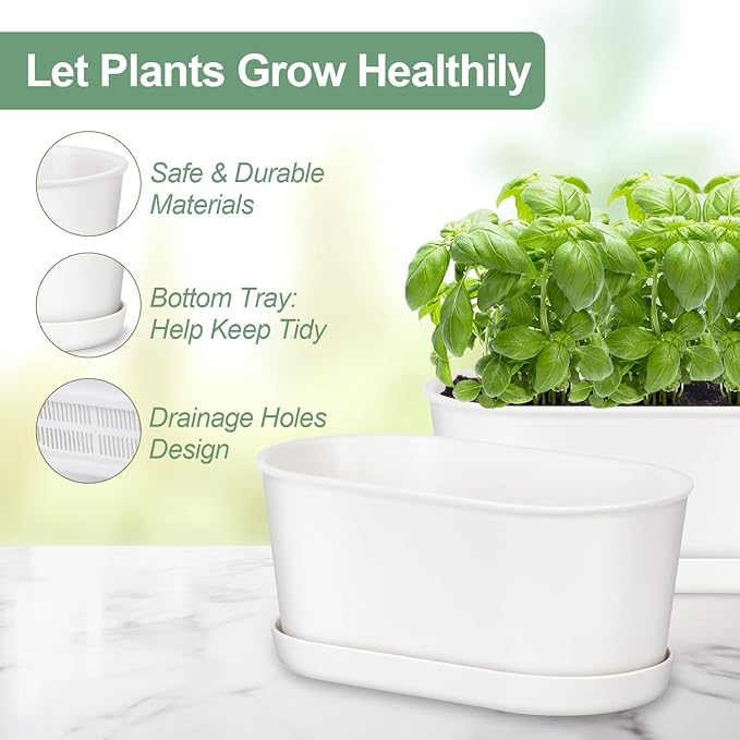 Set of 8 White Oval Window Sill Planters with Drainage Holes and Trays（7 Inch） for Herbs Basil Orchids Succulents, Modern Herb Garden Planter for Indoor/Outdoor Plants