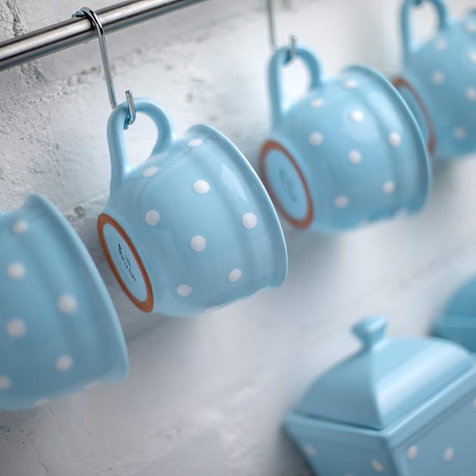 City to Cottage Handmade Light Sky Blue and White Polka Dot Large Ceramic 12oz/350ml Cappuccino Coffee Tea Cup and Saucer, Unique Designer Pottery Gift for Tea Lovers