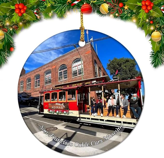 California San Francisco Cable Car Museum USA America Christmas Ornaments Ceramic Round Hanging Pendant Xmas Decor City Travel Souvenirs 3" Porcelain Double Sided