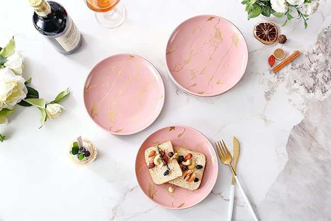 6-Piece Dinner Plate Set, 10-Inch PinkMarble Ceramic Plates with Gold Rim, Oven & Microwave Safe, Elegant Appetizer Salad Dessert Plates for Modern Dining, Dishwasher Safe.