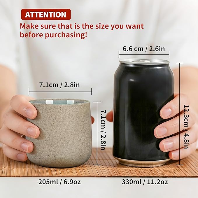 TEANAGOO Japanese Tea Cups Set of 4pcs, 6.9oz/205ml Elegant Ceramic Matcha Cups with Flat Base, Darker Grey Handleless Coffee Mugs, Microwave & Dishwasher Safe, Beautiful Gift Box
