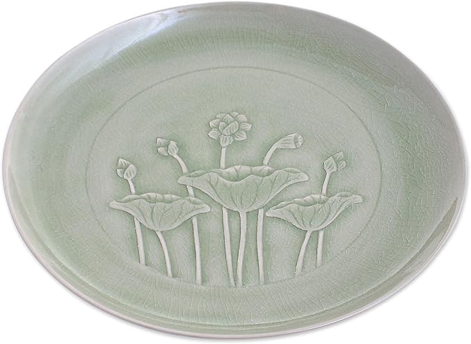 NOVICA Artisan Handmade Celadon Ceramic Dinner Plate Green Lotus Flower Thailand Tableware Dinnerware Floral [1.2in H x 10in Diam.] 'Flavorful'