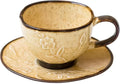 Ceramic Coffee Cup and Saucer Set 5.4oz (160ml), Beige Embossed Espresso Cup with Plate, Small Cappuccino Cup for Home, Kitchen, Café