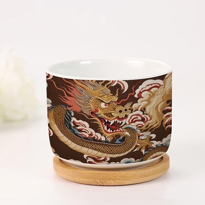 Antique Chinoiserie Dragon Ceramics Plant Pot Set of 3 Dragon Gold Oriental Style Asian Succulents Plants Live with Pot with Drainage Asian Scenery Chinoiserie Small Ceramics Plant Pot