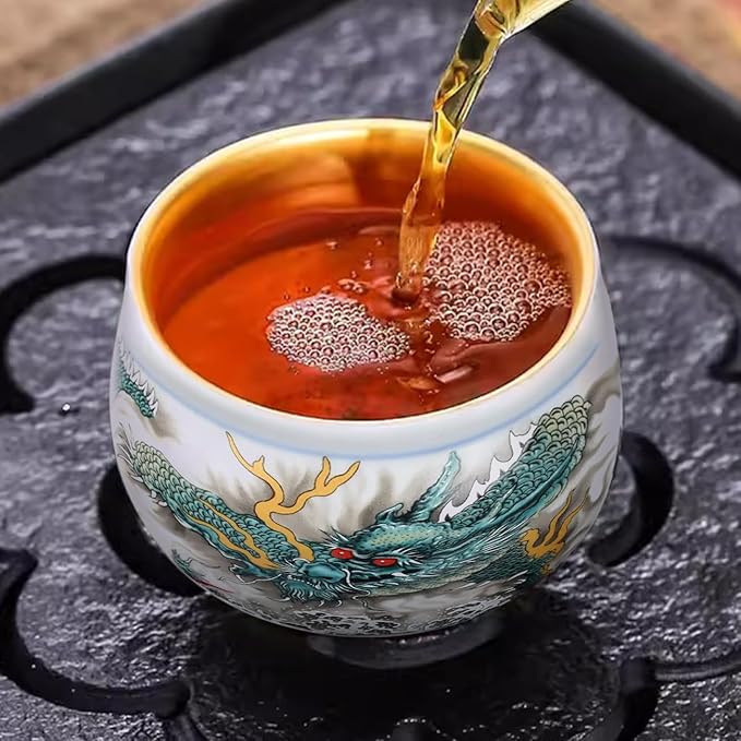 Ceramic Kungfu Tea Cup Azure Dragon Traditional Tea Mug Chinese Enamel Cup Hand-Painted Dragon Patterns Porcelain Bowls Tea Ceremony Set for Home Bar Club Tea Room