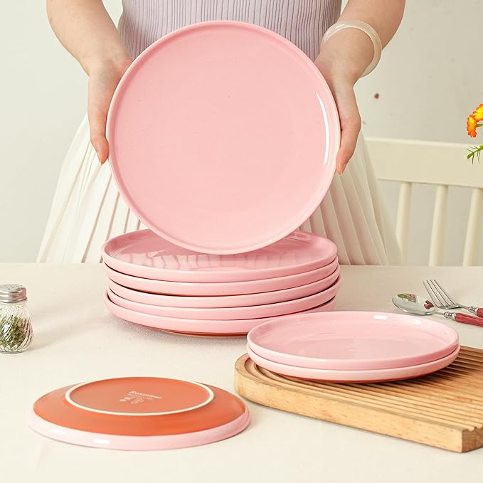 12 Piece Dinnerware Set, Dual Glaze Stoneware Plates and Bowls Sets, Modern Dinner Plate, Salad Plate, Cereal Bowl, Dish Set for 4, Microwave and Dishwasher Safe, Pink