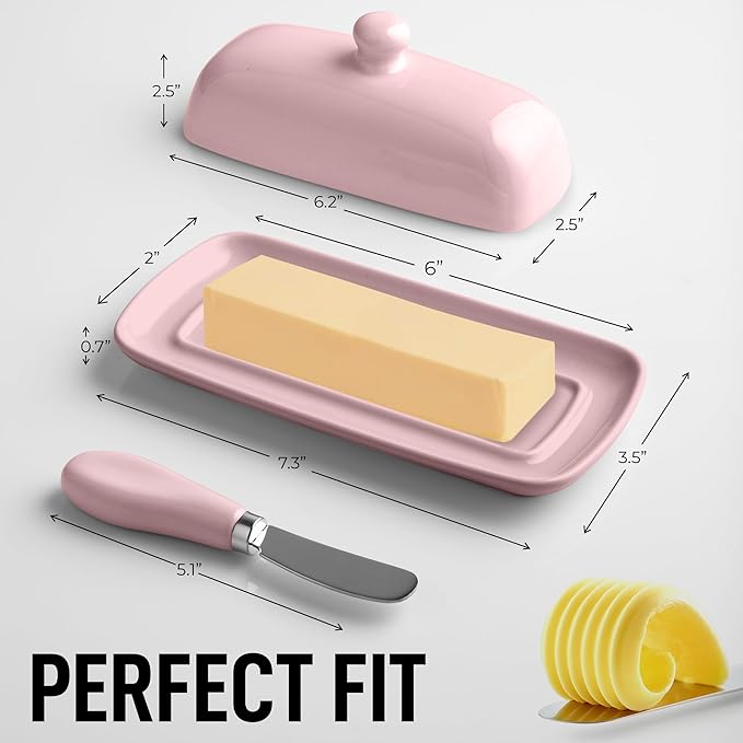 Zulay Butter Dish With Lid For Countertop - Porcelain Pink, Ceramic Butter Dish with Knob Handle Great for Cooking - Elegant Design Butter Holder - Durable & Sturdy Butter Keeper - Pink