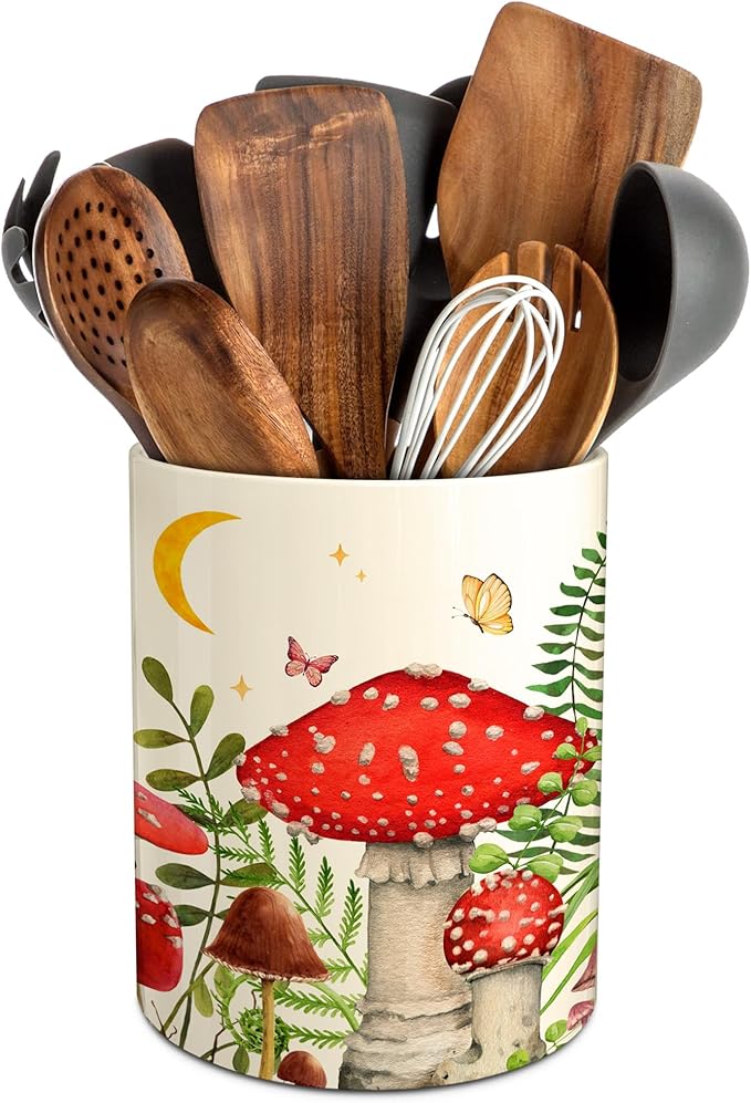 Hexagram Mushroom Decor Utensil Holder, Mushroom Kitchen Decor Ceramic Utensil Holder for Farmhouse Indoor Kitchen Decorations Rustic Farmhouse
