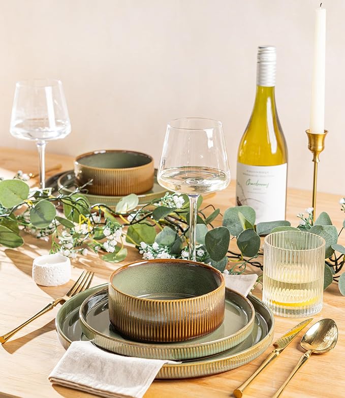 TheTerra Ceramic Dinnerware Sets for 8, 24 Pieces Porcelain Lightweight Plates and Bowls Sets, Scratch Resistant Dish Set, Oven & Microwave & Dishwasher Safe, Sage Umber